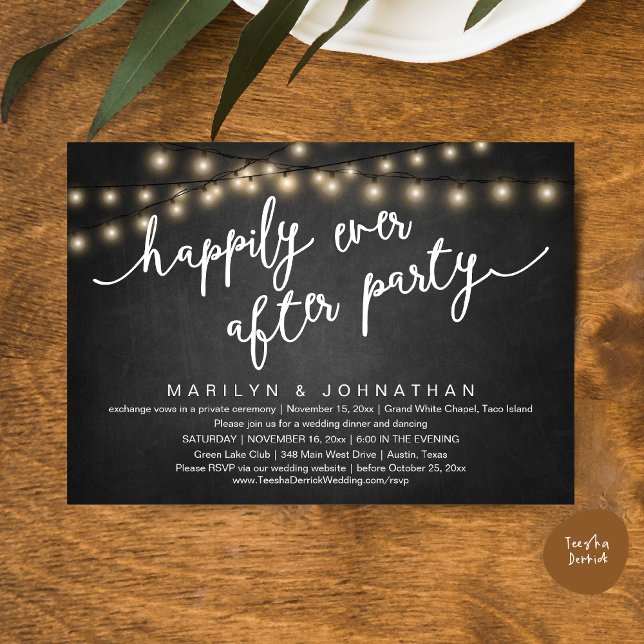 Invitation Joyeux Après La Fête, Dîner Rustique Mariage (Happily Ever After Party, Rustic Wedding Dinner Dancing Invitation Card, PDF, Chalkboard Background)
