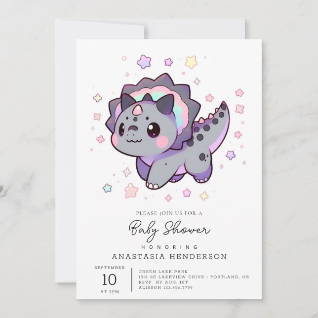 Invitation Joyeux Baby shower Whimsical Dinosaur (Devant)
