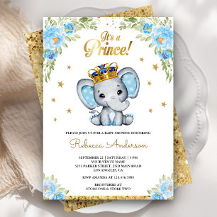 Invitation Joyeux Bébé Éléphant Prince Floral Mignon