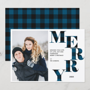 Invitation Joyeux Blue Buffalo Plaid Photo Holiday