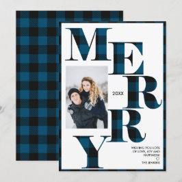 Invitation Joyeux | Blue Buffalo Plaid Vertical Photo Holiday