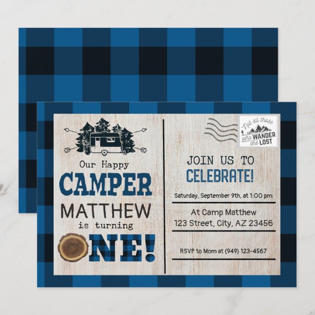Invitation Joyeux Camper Lumberjack Flannel Premier anniversa (Devant / Derrière)