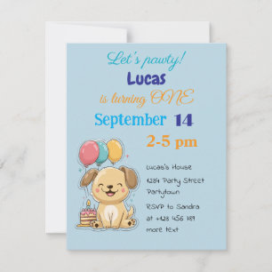 Invitation Joyeux chiot, garçon, faisons la fête, 1er anniver