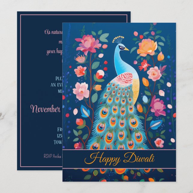Invitation Joyeux Diwali Peacock & Flowers (Devant / Derrière)