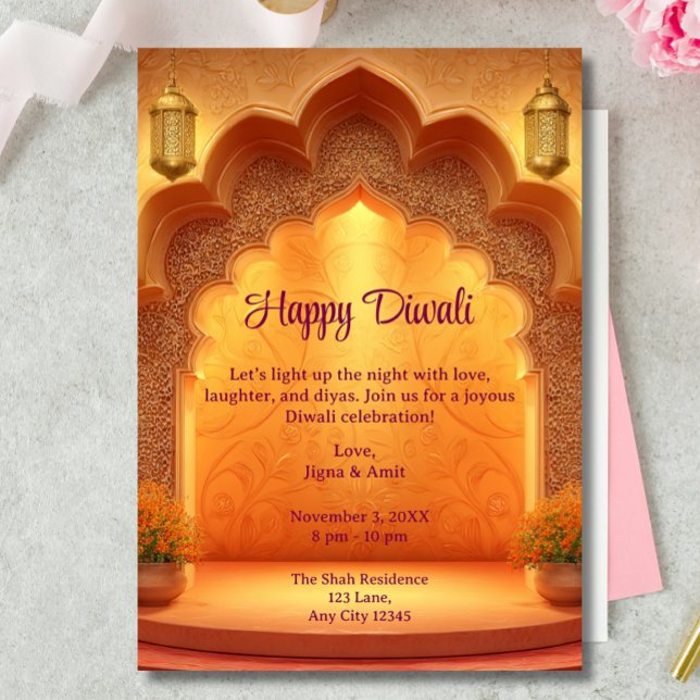 Invitation Joyeux Diwali Vacances Lampes d'or Lumière (Créateur téléchargé)
