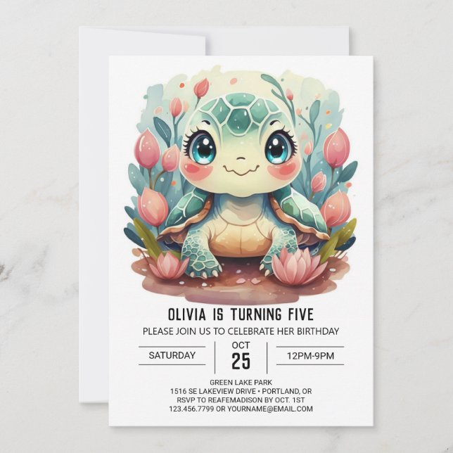 Invitation Joyeux enfant Tortue fille Anniversaire (Devant)