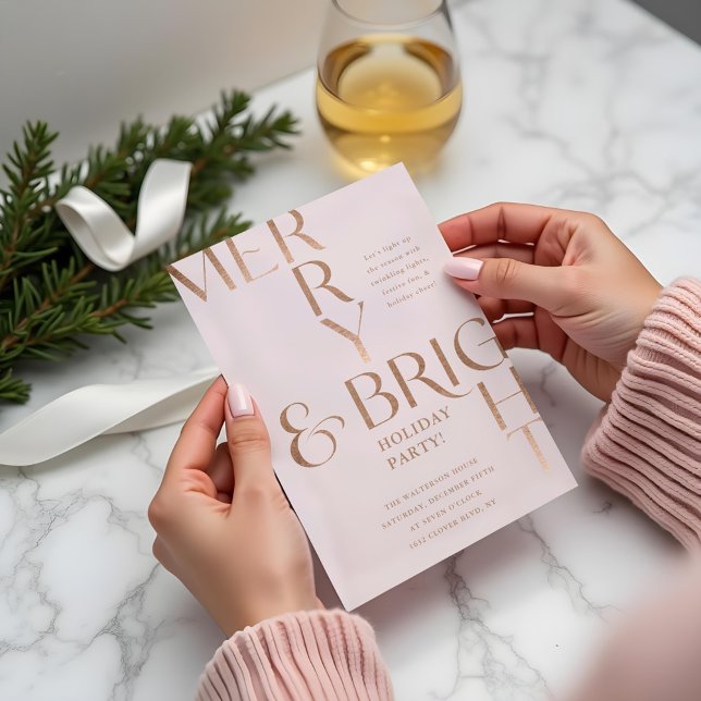 Invitation Joyeux et brillant minimal fête de Noël (Merry & Bright Minimal Holiday Christmas Party Pink Invitation)