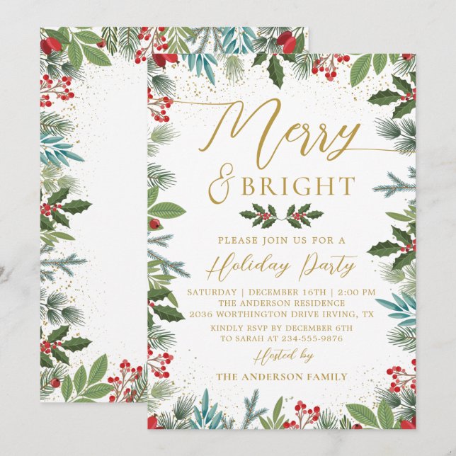 Invitation Joyeux et vert vif Holly Berries Holiday (Devant / Derrière)