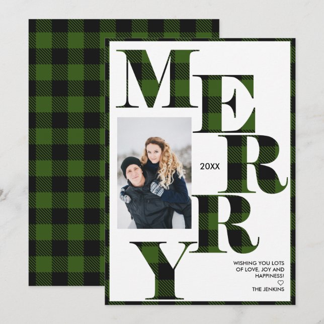 Invitation Joyeux | Green Buffalo Plaid Vertical Photo Holida (Devant / Derrière)