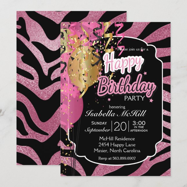 Invitation Joyeux Jour du Jour - Pink & Black Zebra Stripes I (Devant / Derrière)