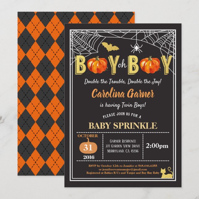 Invitation Joyeux jumeau d'Halloween saupoudrer d'or citrouil (Devant / Derrière)