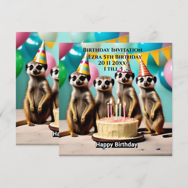 Invitation Joyeux Meerkat Anniversaire, Anniversaire Fête Inv (Devant / Derrière)