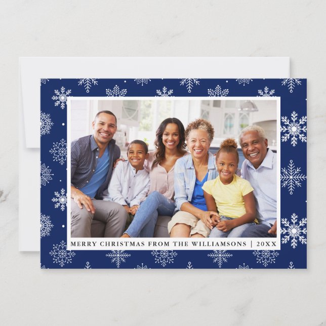 Invitation Joyeux Noël Famille Photo Flakes Blue Card (Devant)