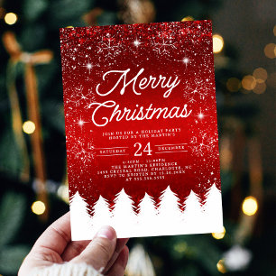 Invitation Joyeux Noël Fête aux flocons de neige rouges et bl