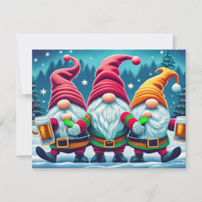 Invitation Joyeux Noël, les gnomes boivent des boissons de No (Devant)