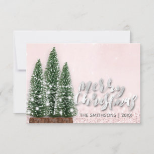 Invitation Joyeux Noël Nom Arbre Rose Lumières Argent rose