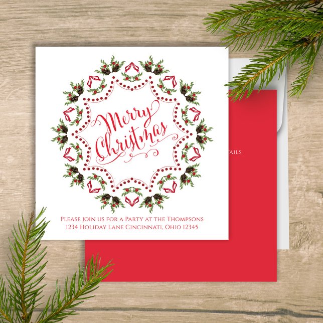 Invitation Joyeux Noël Rouge Vert Pinecone Parti QR Code (Merry Christmas holiday party invitation with whimsical calligraphy script. )