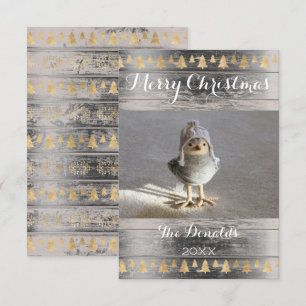 Invitation Joyeux Noël Snowbird Gold Wood Photo Cottage