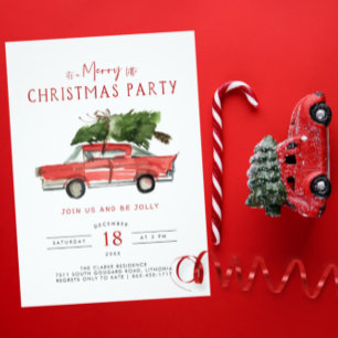 Invitation Joyeux Noël Voiture rouge aquarelle Fête de Noël