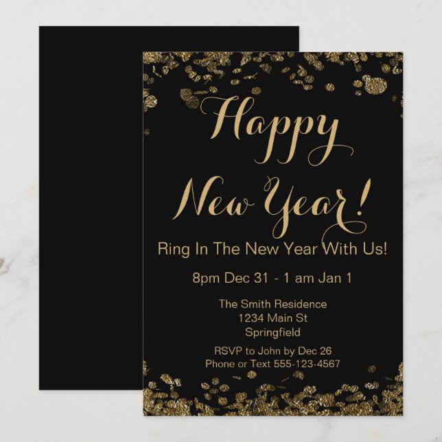 Invitation Joyeux Nouvel An Elégant Confetti Noir et Or (Devant / Derrière)