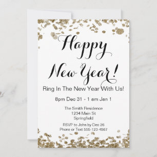 Invitation Joyeux Nouvel An Elegant Or et blanc Confetti