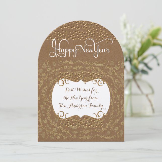 Invitation Joyeux Nouvel An Rustique Floral Garland (Debout devant)