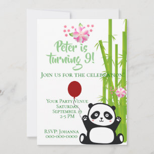 Invitation Joyeux Panda avec bambou et fleurs de cerisiers An