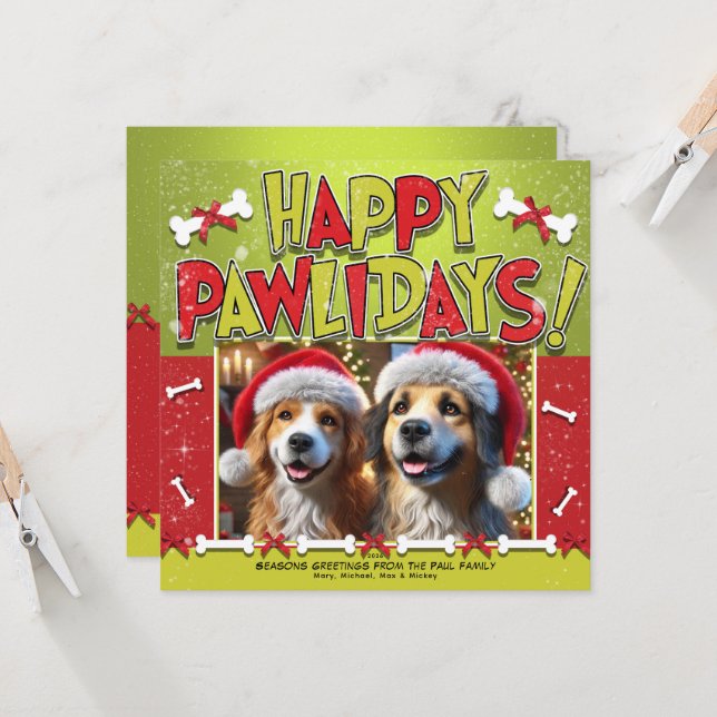 Invitation Joyeux PAWLIDAYS Green & Red Snowy Holiday Photo (Devant/Arrière en situation)