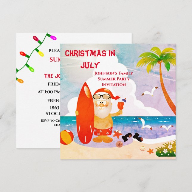 Invitation Joyeux Père Noël Noël en juillet Fête d'été   (Devant / Derrière)