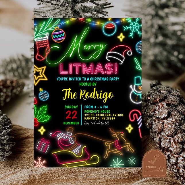 Invitation Joyeux petit Noël Neon Père Noël Fête (Créateur téléchargé)