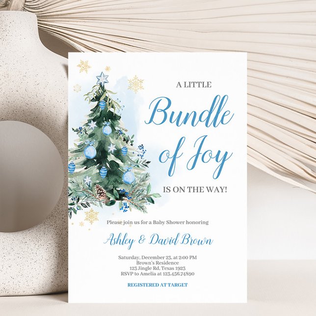 Invitation Joyeux petit paquet de Baby shower de joie (Blue Christmas Tree Baby Shower Invitation)