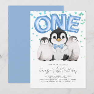 Invitation Joyeux premier anniversaire de petits pingouins mi