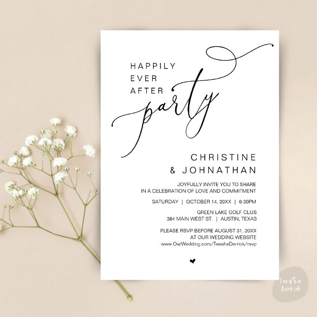 Invitation Joyeux repas de fête de mariage à danser (Happily Ever After Wedding Party Romantic Dinner Dancing Invitation Card, PDF, in Black and White)
