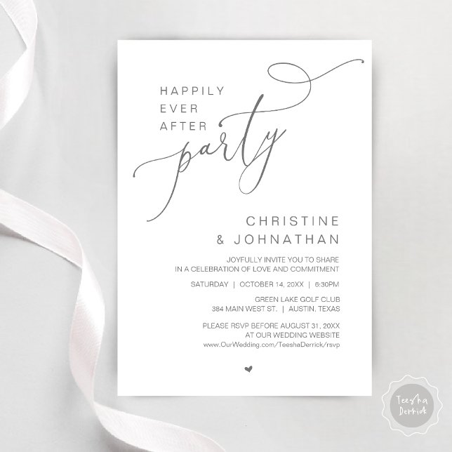 Invitation Joyeux Repas de Mariage et Danse de la Fête de Mar (Happily Ever After Wedding Party Romantic Dinner Dancing Invitation Card, PDF, in Dark Grey)