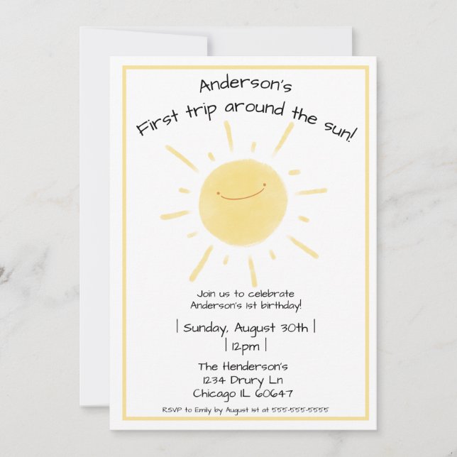 Invitation Joyeux soleil jaune Sexe Neutre 1er anniversaire (Devant)