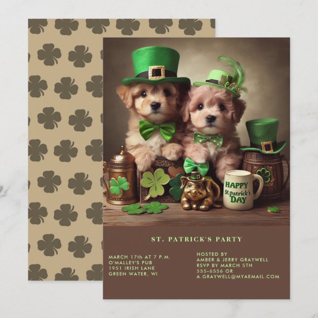 Invitation Joyeux St Patrick's Day Adorable Chiots Casquettes (Devant / Derrière)