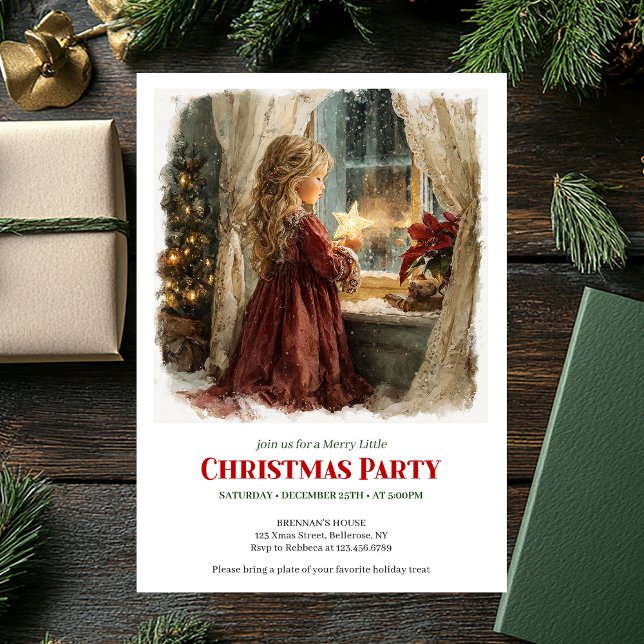 Invitation Joyful Victorian Little Girl Awaiting Santa Print  (Joyful Victorian Little Girl Awaiting Santa Printable Invite)