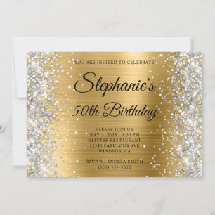 Invitation Jubilé 50 ans Monogramme Paillettes Argent Feuille