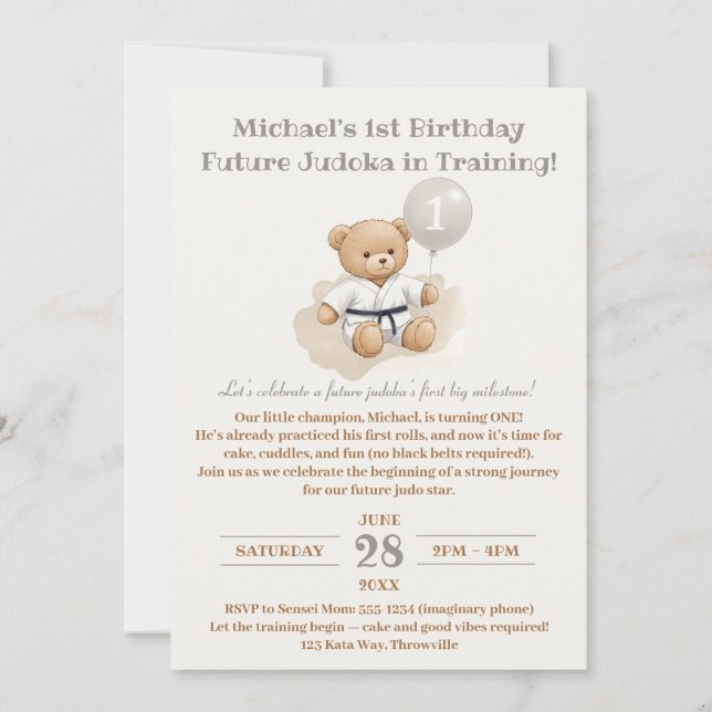 Invitation "Judo Bear Turns One" – 1st Birthday  (Devant)