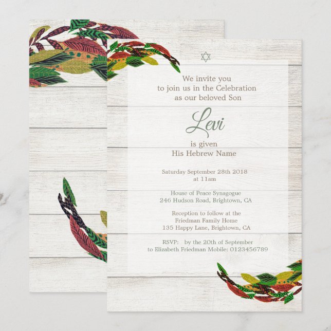 Invitation Juif Hébreu Garçon Nommant Rustique (Devant / Derrière)