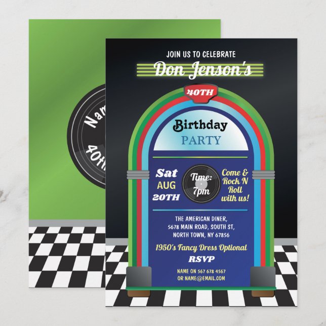 Invitation Jukebox Anniversaire Musique 40e Diner Cinquante R (Devant / Derrière)