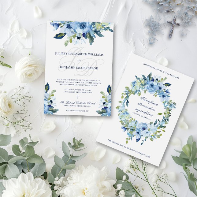 Invitation Juliette Dusty Blue Catholic Wedding Invita (Elegant Catholic wedding invitation with dusty blue watercolor flowers and monograms)