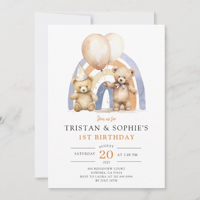 Invitation Jumeaux 1er anniversaire Aquarelle Nounours (Devant)
