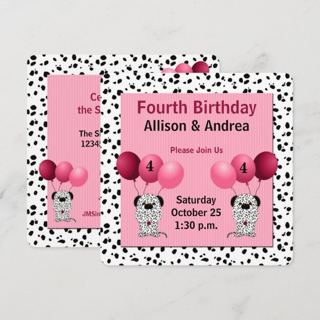 Invitation Jumeaux 4e anniversaire Dalmatie avec rose (Devant / Derrière)