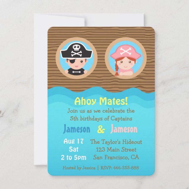 Invitation Jumeaux amusants, thème pirate Fête d'anniversaire (Devant)