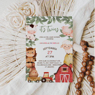 Invitation Jumeaux Animaux de Ferme Mignons Aquarelle Baby Sh