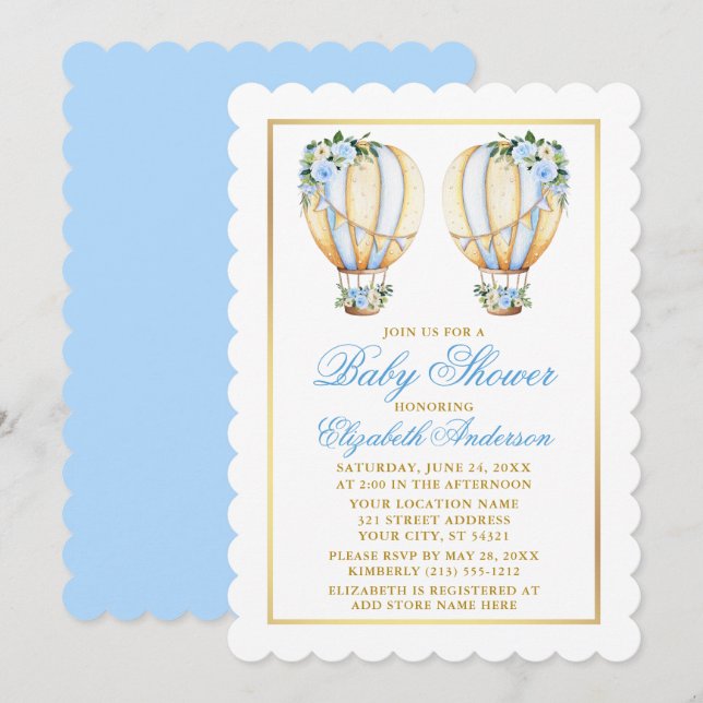 Invitation Jumeaux Aquarelle Bleu Floral Baby shower Ballons (Devant / Derrière)