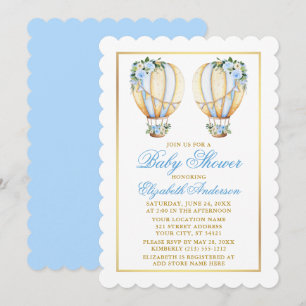 Invitation Jumeaux Aquarelle Bleu Floral Baby shower Ballons