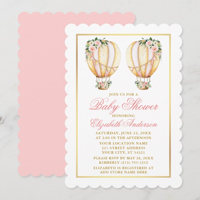 Invitation Jumeaux Aquarelle rose Baby shower de ballons flor (Devant / Derrière)