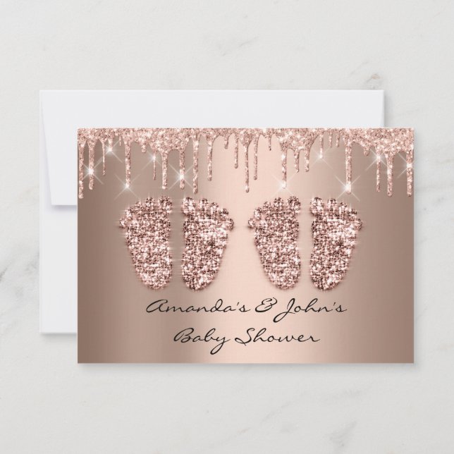 Invitation Jumeaux Baby shower Pieds Parties scintillant Rose (Dos)